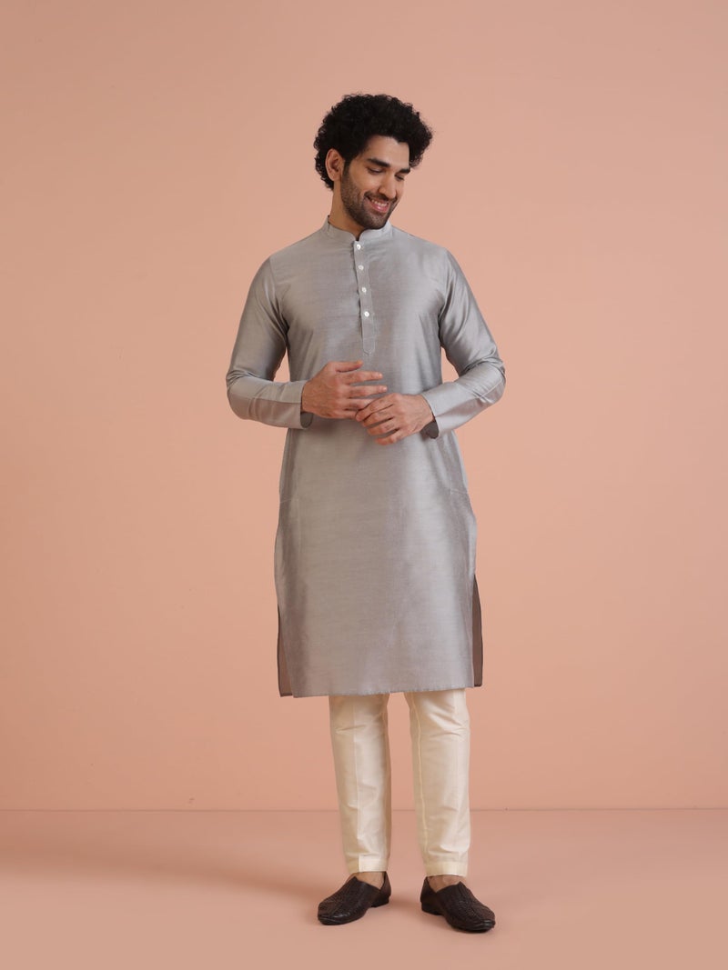 KISAH Men's Kurta Indo-Western Sherwani Trouser Set, Grey Silk Blend, Jacquard Regular Fit Mandarin Collar Long Sleeves (42) - Image 3