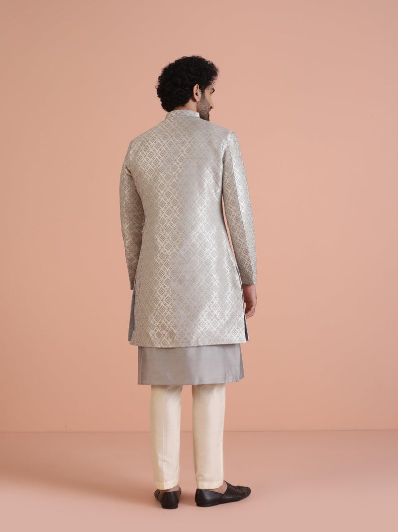 KISAH Men's Kurta Indo-Western Sherwani Trouser Set, Grey Silk Blend, Jacquard Regular Fit Mandarin Collar Long Sleeves (42) - Image 2