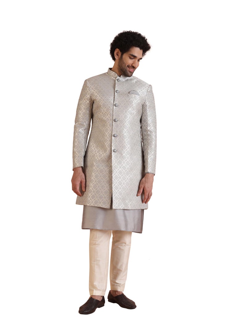 KISAH Men's Kurta Indo-Western Sherwani Trouser Set, Grey Silk Blend, Jacquard Regular Fit Mandarin Collar Long Sleeves (42) - Image 1
