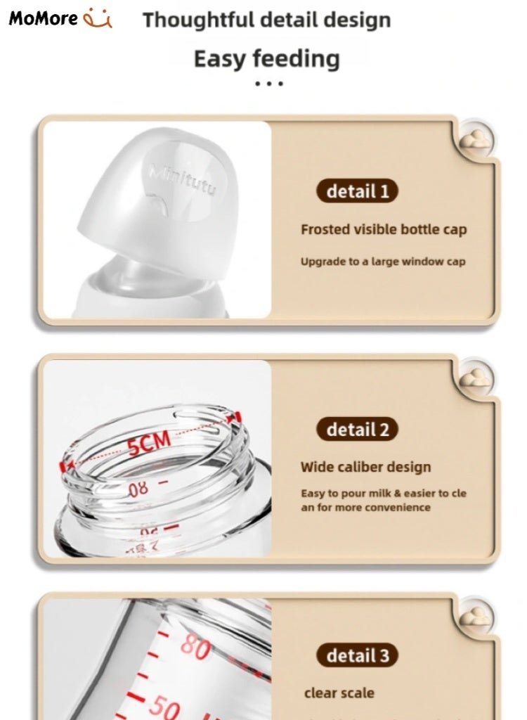 Momore Pack Of 2 Anti-Colic Glass Feeding Baby Bottle Set, Extra Soft Nipple, Wide Neck, 1M+, 160 Ml - Image 4