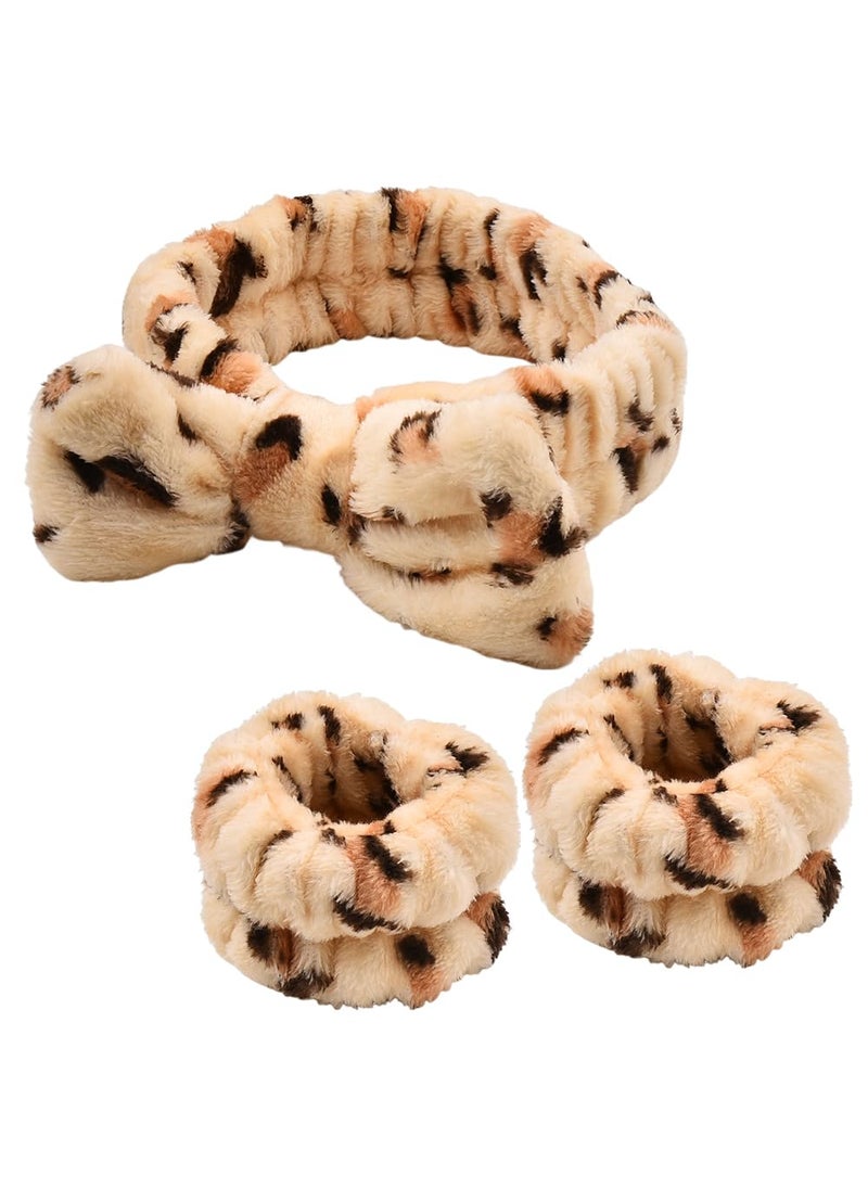 Sisadodo Spa Makeup Headband for Women Girls Bow Head Wrap Band for Women Face Wash Headbands Hairband for Washing Face Skincare Headband Wristbands Set for Sports Yoga Beauty Hair Band Beige Leopard 