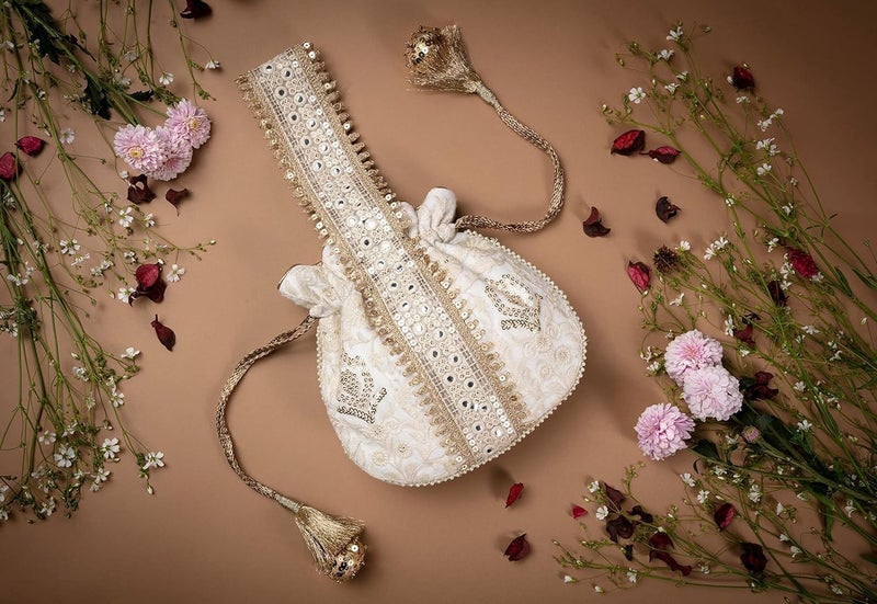 MASQ by Q-One Embroidered Silk Potli Bags - Handcrafted for Weddings, Festive Season & Special Occasions with Beads and Sequins - Made in India - Image 2