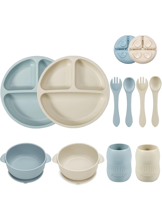 PandaEar Silicone Baby Feeding Set2 Divided Suction Plate + 2 Suction Bowl + 2 Tiny Cup With 2 SpoonsBaby Led Weaning Supplies Self Feeding Utensils (Blue White) - Image 1