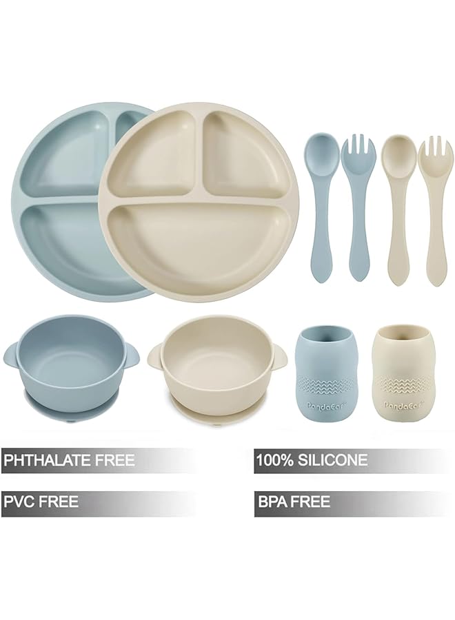 PandaEar Silicone Baby Feeding Set2 Divided Suction Plate + 2 Suction Bowl + 2 Tiny Cup With 2 SpoonsBaby Led Weaning Supplies Self Feeding Utensils (Blue White) - Image 2