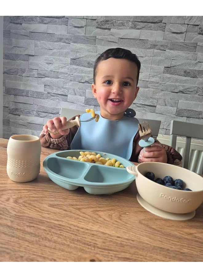 PandaEar Silicone Baby Feeding Set2 Divided Suction Plate + 2 Suction Bowl + 2 Tiny Cup With 2 SpoonsBaby Led Weaning Supplies Self Feeding Utensils (Blue White) - Image 3