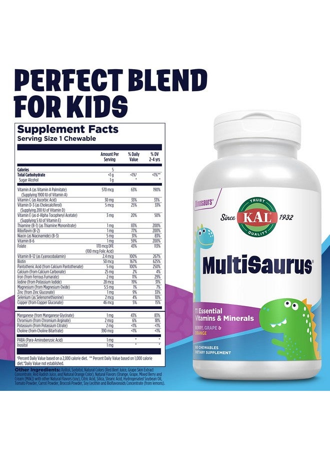 KAL MultiSaurus Kids Chewable Multivitamins, 11 Essential Vitamins and Minerals for Kids, Berry, Grape, Orange Chewables, Gluten and Fructose Free, 180 Servings, 180 Dinosaur-Shaped Chewables - Image 2