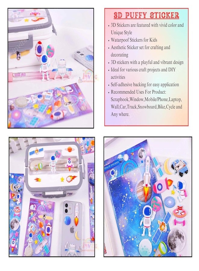 Funspark Space 4 Sheet 3D Puffy Sticker Set – Astronaut, Rocket, Planet & Galaxy Self-Adhesive Waterproof Stickers for Kids Scrapbook, Diary, Laptop & DIY Crafts - Image 4