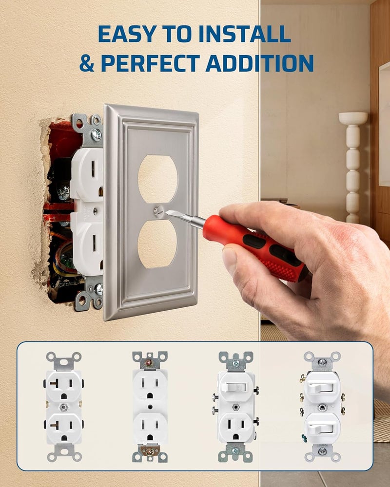 DEWENWILS 4-Pack Duplex Wall Plate, Metal Wall Outlet Cover for Receptacle, Light Switch, Brushed Nickel - Image 3