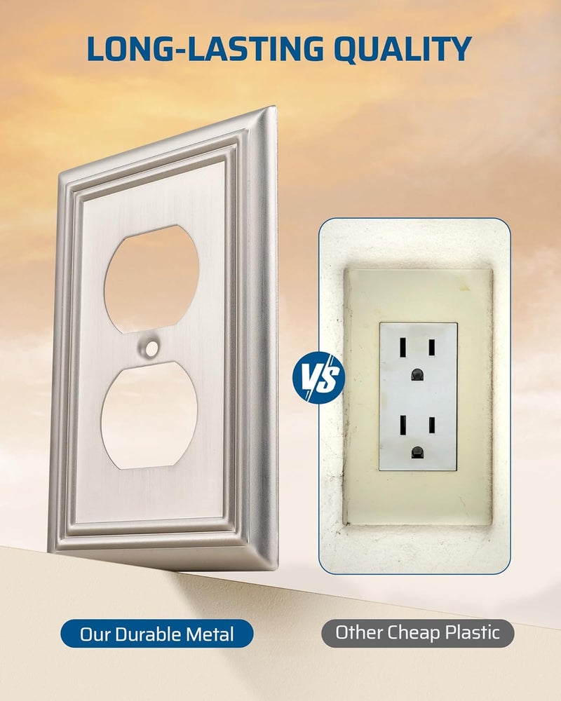 DEWENWILS 4-Pack Duplex Wall Plate, Metal Wall Outlet Cover for Receptacle, Light Switch, Brushed Nickel - Image 2