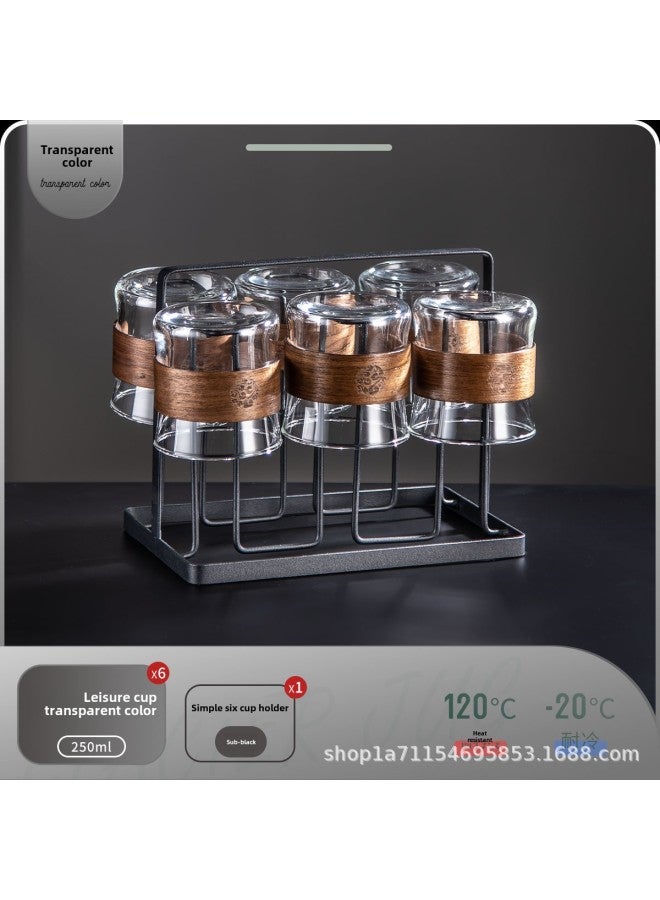 High Yan Value Drinking Tea Cup High Temperature Resistant Living Room Hospitality Kettle Water Cup Creative Glass Teapot Household Suit-Color:[walnut Hand] Transparent Cup 6 Dumb Black Cup Holder - Image 1