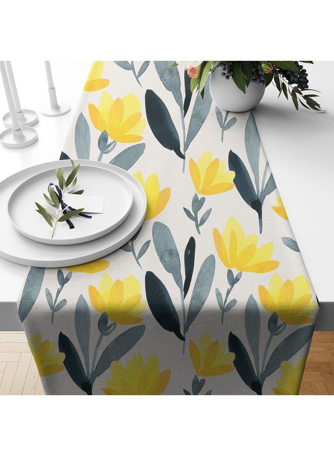 STITCHNEST Ikat Yellow Grey Digital Printed 6 Seater Table Runner and Bed Runner, 13 x 72 Inches - Image 1