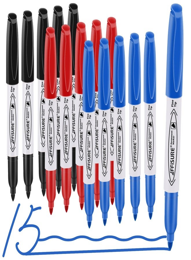 Affisure Permanent Markers Assorted Colors Set, Black, Blue, Red, 15 Pack, Fine Point，Works on Wood, Plastic, Metal, and More, for Adults, Artist, Teacher, Kids - Image 1