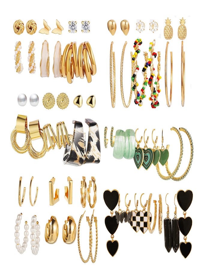 JMScape 34 Pairs Gold Hoop Earrings Set for Women, Fashion Drop Dangle Earring Packs Black Hearts Earrings Multipack Hypoallergenic Earrings for Valentine's Day Gifts - Image 1