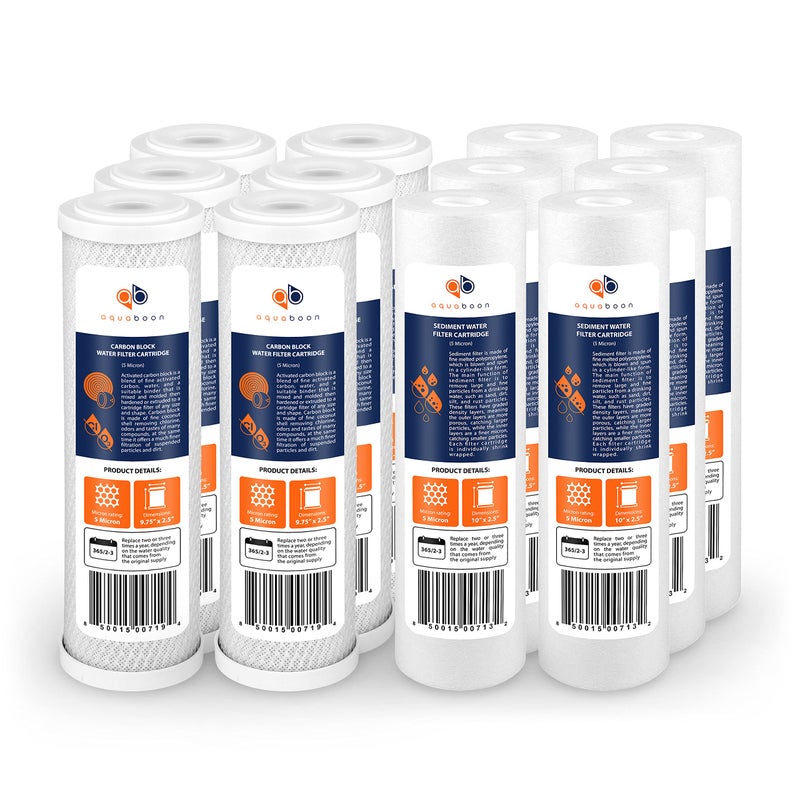 Aquaboon 5 Micron 10 x 25 House Water Filters Cartridges Set of 12 Sediment Carbon Filter Replacements Compatible with WHKFWHWC P5 WHKFGD05
