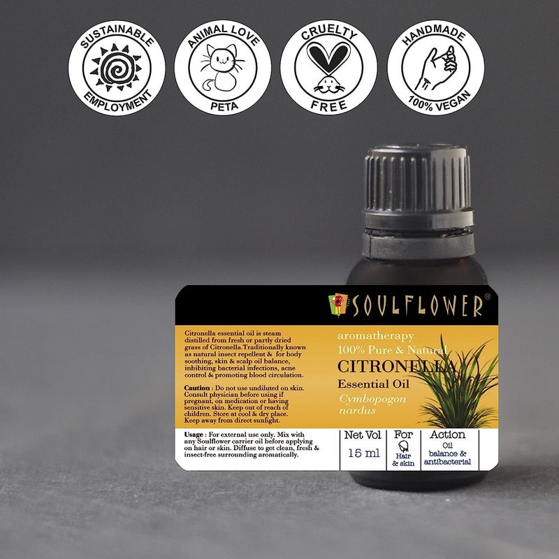 Soulflower Soulflower Citronella Essential OilHealthy Hair Hair Growth Oily Skin Acne Dry  Frizzy Hair  100 Pure Natural  Undiluted Premium Oil  15ml - Image 5