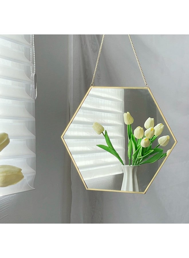 LONGWIN Hanging Wall Hexagon Mirror Decor Gold Geometric Mirror with Chain for Bathroom Bedroom Living Room 9.4"x 8.2" - Image 2