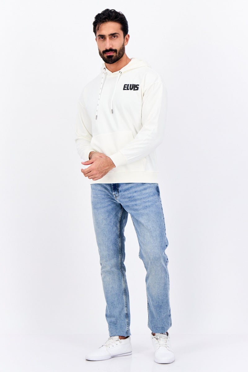ELVIS سويت شيرت بقلنسوة للرجال بشعار العلامة التجارية بأكمام طويلة، أبيض فاتح - Image 2