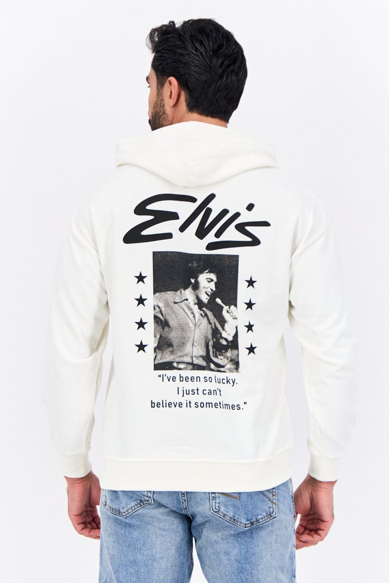 ELVIS سويت شيرت بقلنسوة للرجال بشعار العلامة التجارية بأكمام طويلة، أبيض فاتح - Image 3
