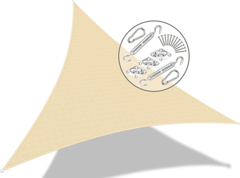 VOUNOT مظلة شمسية مثلثة 3x3x3 متر مع مجموعة تثبيت، HDPE، حماية من الأشعة فوق البنفسجية، مظلة قابلة للتنفس للحديقة والفناء الخارجي، عاجي - Image 1