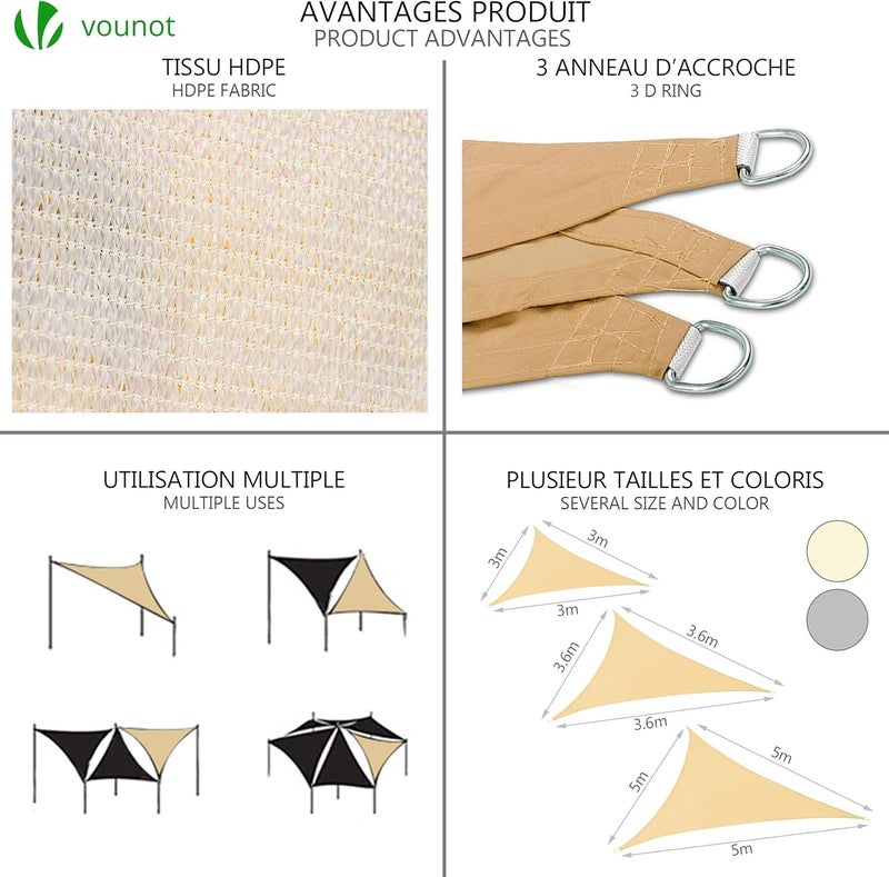 VOUNOT مظلة شمسية مثلثة 3x3x3 متر مع مجموعة تثبيت، HDPE، حماية من الأشعة فوق البنفسجية، مظلة قابلة للتنفس للحديقة والفناء الخارجي، عاجي - Image 4