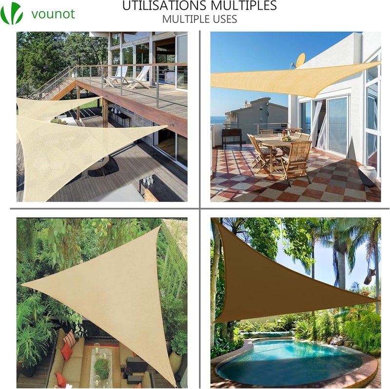 VOUNOT مظلة شمسية مثلثة 3x3x3 متر مع مجموعة تثبيت، HDPE، حماية من الأشعة فوق البنفسجية، مظلة قابلة للتنفس للحديقة والفناء الخارجي، عاجي - Image 2