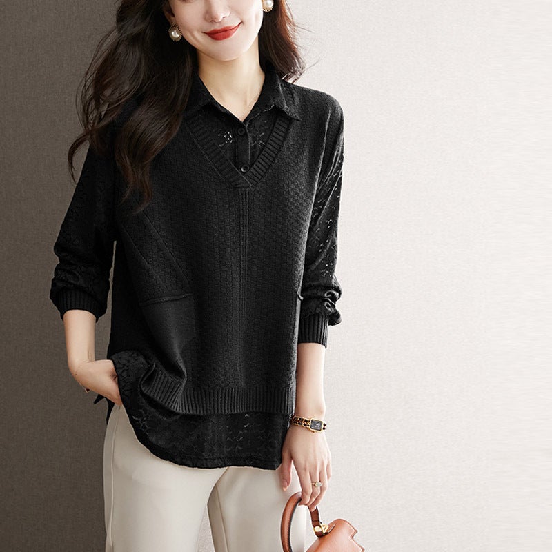 IllusionTopknit Spliced Shirt Womens 2024 Loose Fit Plus Size Cracker Khaki Hollow Lace Polo Collar Base Layer Top Black 