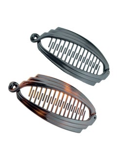 Parcelona French Broad Tortoise Shell Brown And Black Large 5" Celluloid Acetate Ponytail Interlocking No Slip Grip Set Of 2 Fishtail Banana Hair Clip For Women And Girls Made In France (Black And Shell Brown)  - Image 1