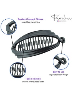 Parcelona French Broad Tortoise Shell Brown And Black Large 5" Celluloid Acetate Ponytail Interlocking No Slip Grip Set Of 2 Fishtail Banana Hair Clip For Women And Girls Made In France (Black And Shell Brown)  - Image 2
