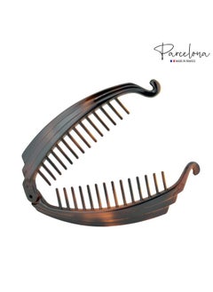 Parcelona French Broad Tortoise Shell Brown And Black Large 5" Celluloid Acetate Ponytail Interlocking No Slip Grip Set Of 2 Fishtail Banana Hair Clip For Women And Girls Made In France (Black And Shell Brown)  - Image 3