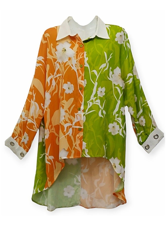 Printed chiffon blouse with bat sleeves and wide cuffs inlaid with metal rings 
