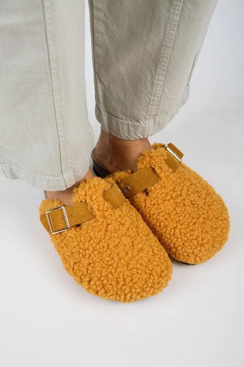 Manijero Manijero Suzen Women's Genuine Leather Belted Teddy Mustard Slippers