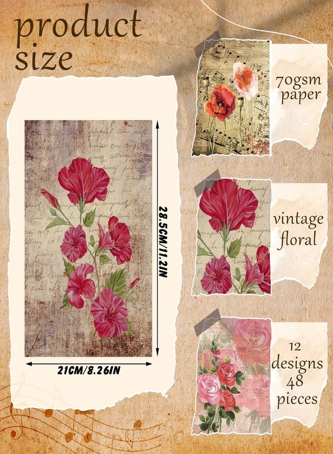 PerKoop 48 Sheets Decoupage Paper for Furniture 8.3 x 11.7 Inches Vintage Flower Paper Decorative Decoupage Supplies Floral Decoupage Decor for Crafts Scrapbook, 12 Styles, Exquisite - Image 2