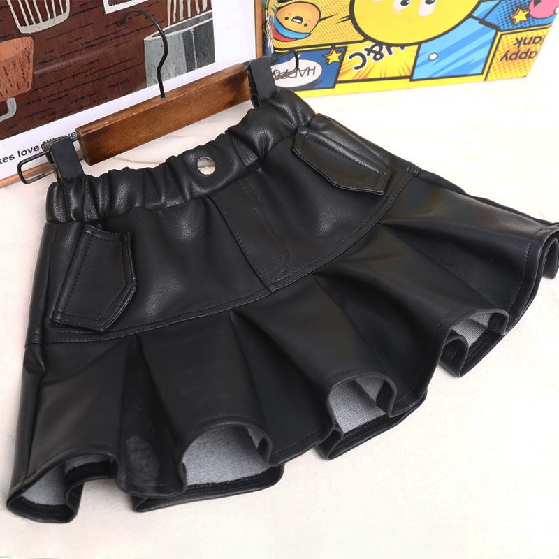 Girl'S Small Leather Skirt Skirt Fleece-Lined Thickened Western Style Children'S Baby'S Short Skirt Little Girl'S Pleated Skirt - Image 3