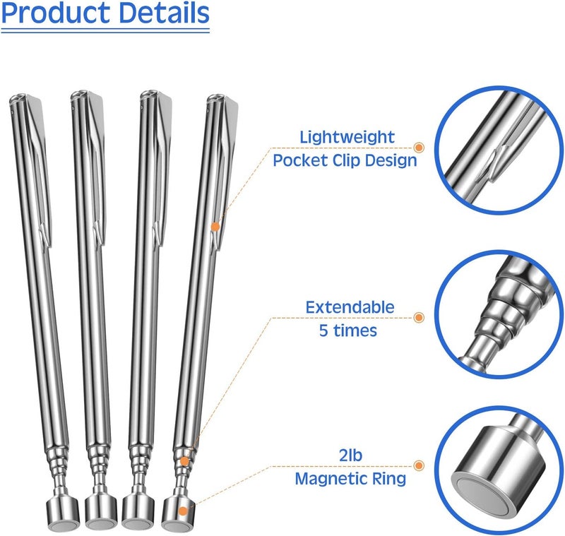 Geiserailie 12 Pieces Telescoping Magnet Pickup Tools in 2 Lb Magnetic Stick Gadget with Pocket Clip Magnet Tool to Retrieve Screws Nuts Pins for Men Birthday Fathers Day Valentines Day  - Image 3