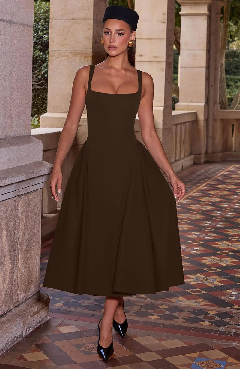 Memoriesea Women's Elegant Square Neck Swing A Line Wedding Evening Party Midi Dress Brown - Image 5