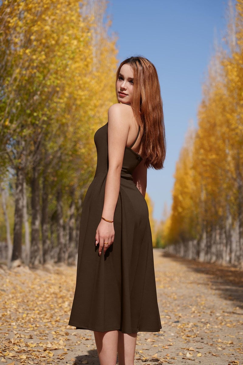 Memoriesea Women's Elegant Square Neck Swing A Line Wedding Evening Party Midi Dress Brown - Image 3