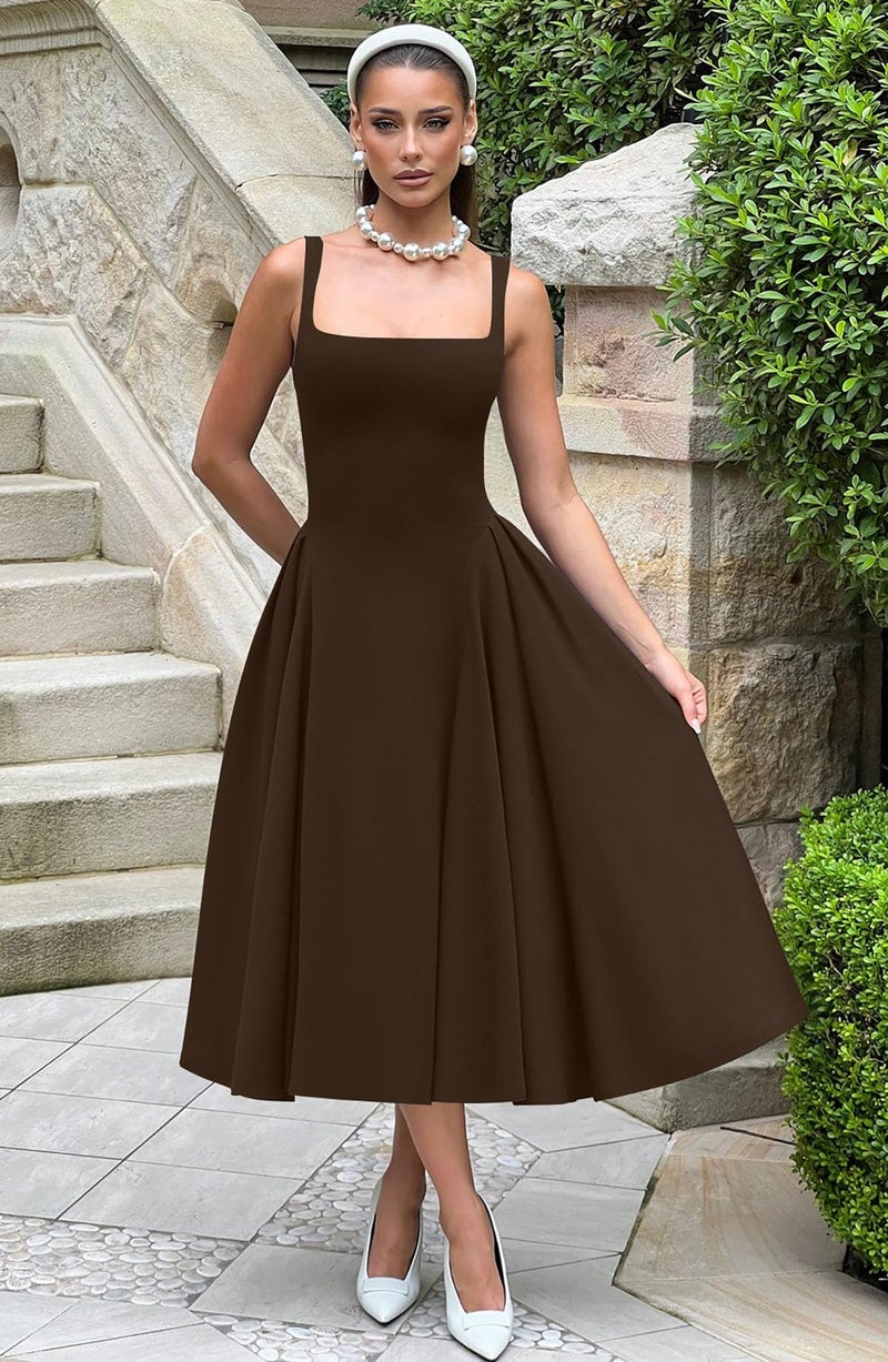 Memoriesea Women's Elegant Square Neck Swing A Line Wedding Evening Party Midi Dress Brown - Image 4