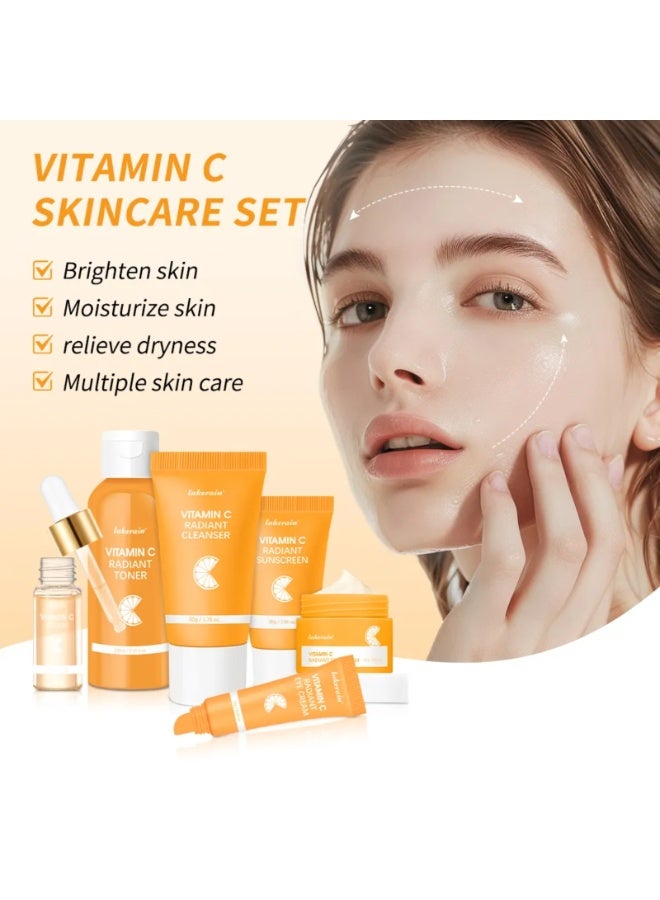 lakerain Vitamin C Skincare Set with Cleanser Serum Face Cream Face Toner Eye Cream and Sunscreen Women Men Sun Protection SPF50 Cleansing Moisturizing Peeling Brightening Facial Skin Care Gift Kit - Image 3