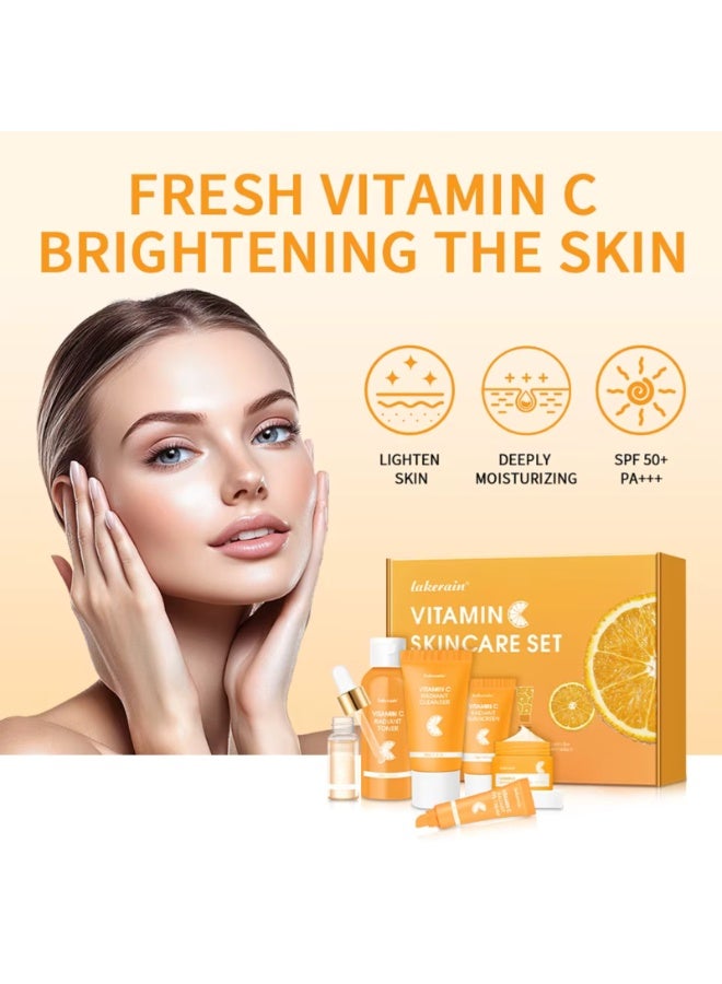 lakerain Vitamin C Skincare Set with Cleanser Serum Face Cream Face Toner Eye Cream and Sunscreen Women Men Sun Protection SPF50 Cleansing Moisturizing Peeling Brightening Facial Skin Care Gift Kit - Image 5