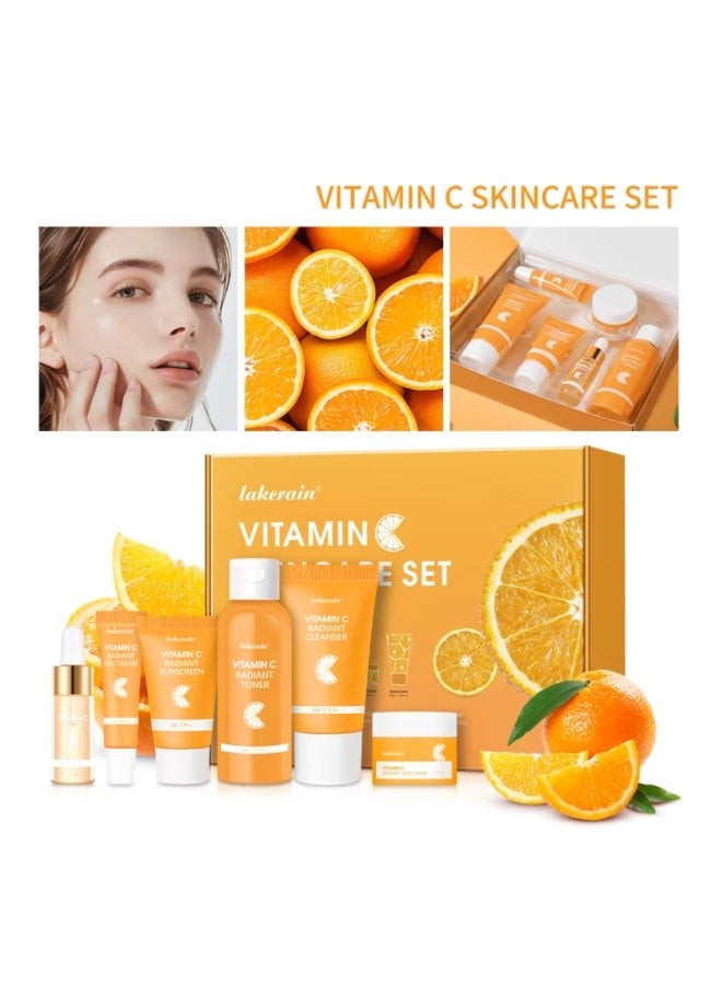 lakerain Vitamin C Skincare Set with Cleanser Serum Face Cream Face Toner Eye Cream and Sunscreen Women Men Sun Protection SPF50 Cleansing Moisturizing Peeling Brightening Facial Skin Care Gift Kit - Image 2