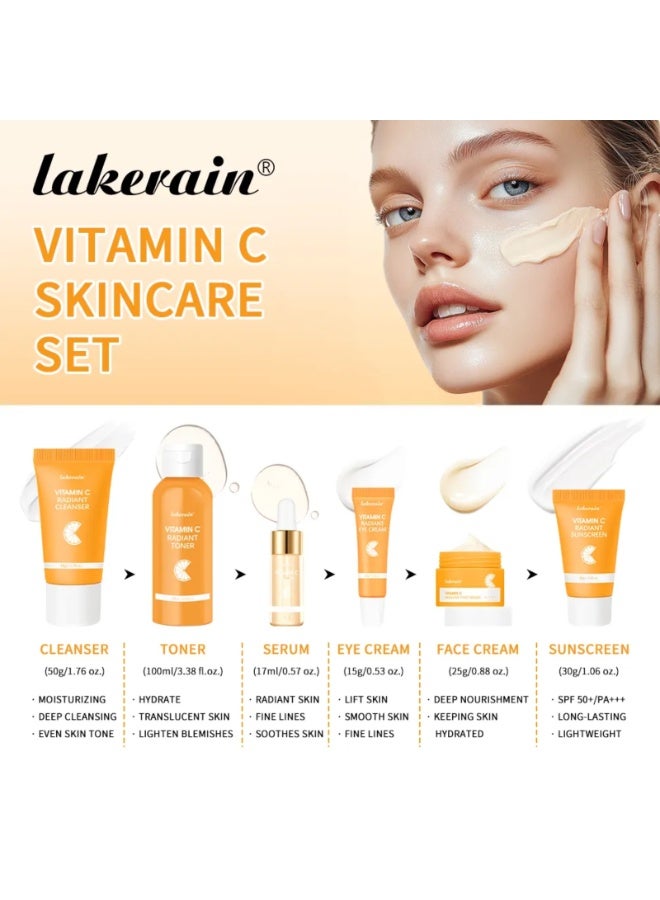 lakerain Vitamin C Skincare Set with Cleanser Serum Face Cream Face Toner Eye Cream and Sunscreen Women Men Sun Protection SPF50 Cleansing Moisturizing Peeling Brightening Facial Skin Care Gift Kit - Image 4