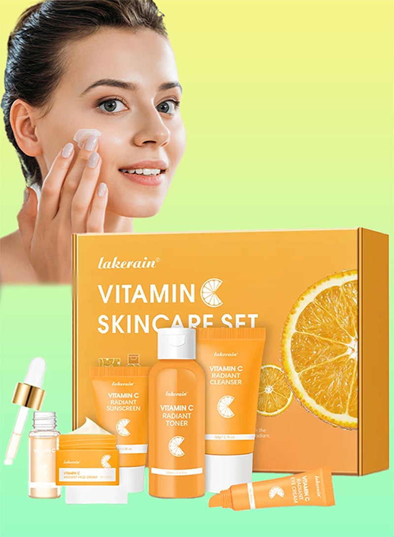 lakerain Vitamin C Skincare Set with Cleanser Serum Face Cream Face Toner Eye Cream and Sunscreen Women Men Sun Protection SPF50 Cleansing Moisturizing Peeling Brightening Facial Skin Care Gift Kit - Image 1