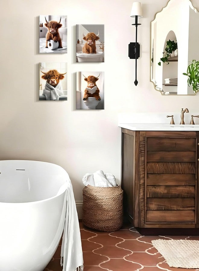 KUVIOKE Cute Highland Cow Bathroom Framed Wall Art Funny Animal Rustic Bathroom Canvas Prints Restroom Farmhouse Ready to Hang Set of 4, 8x10in (Framed) - Image 4