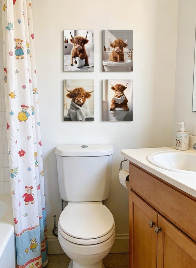KUVIOKE Cute Highland Cow Bathroom Framed Wall Art Funny Animal Rustic Bathroom Canvas Prints Restroom Farmhouse Ready to Hang Set of 4, 8x10in (Framed) - Image 5