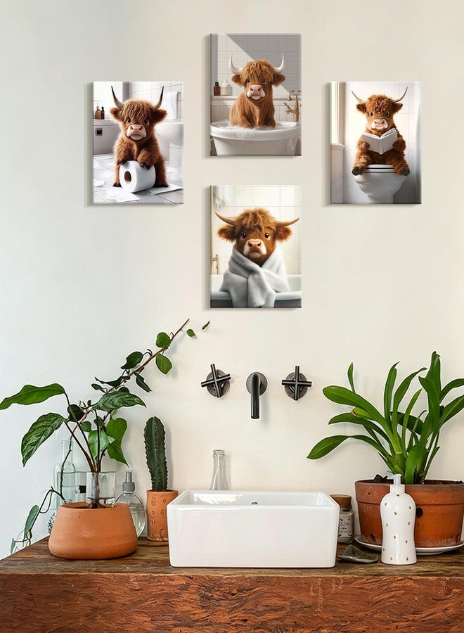 KUVIOKE Cute Highland Cow Bathroom Framed Wall Art Funny Animal Rustic Bathroom Canvas Prints Restroom Farmhouse Ready to Hang Set of 4, 8x10in (Framed) - Image 2