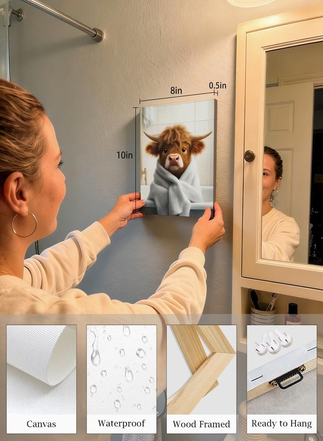 KUVIOKE Cute Highland Cow Bathroom Framed Wall Art Funny Animal Rustic Bathroom Canvas Prints Restroom Farmhouse Ready to Hang Set of 4, 8x10in (Framed) - Image 3