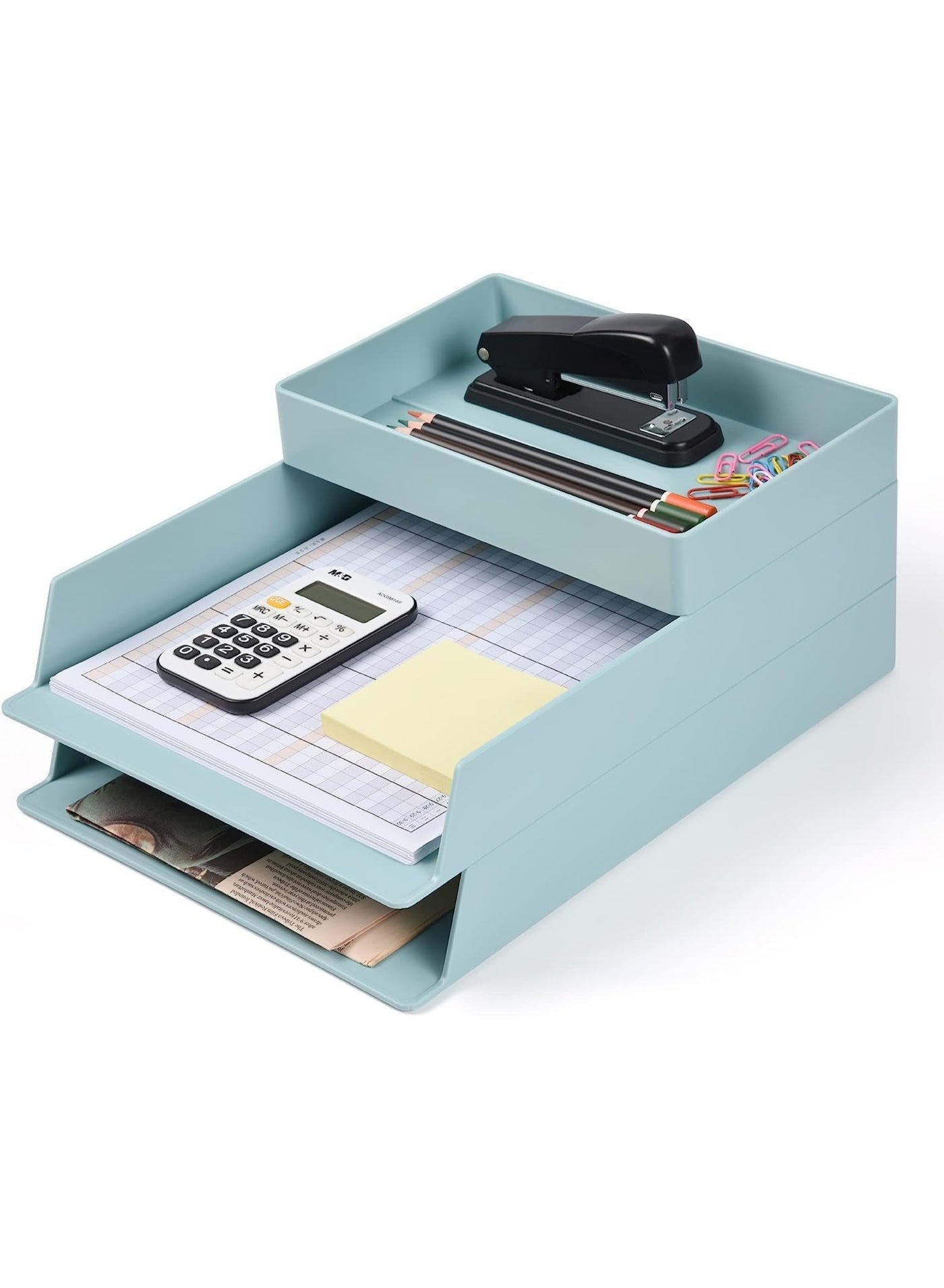 Stackable Desktop Tray Organizer, 3 Tier Letter Tray Vertical Paper File Box, Plastic Tray for A4 Paper, Magazine, Receipts, Office Supplies, Blue