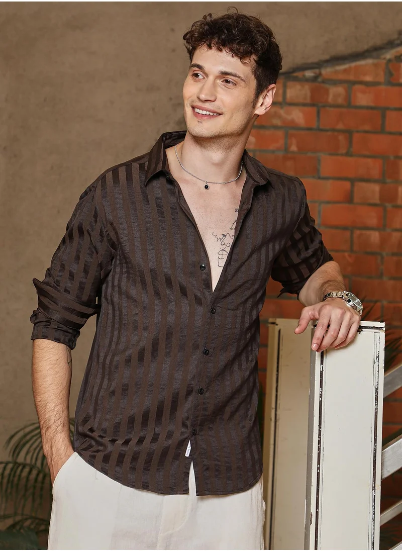 كامبوس سوترا Men's Coffee Brown Candy-Striped Shirt