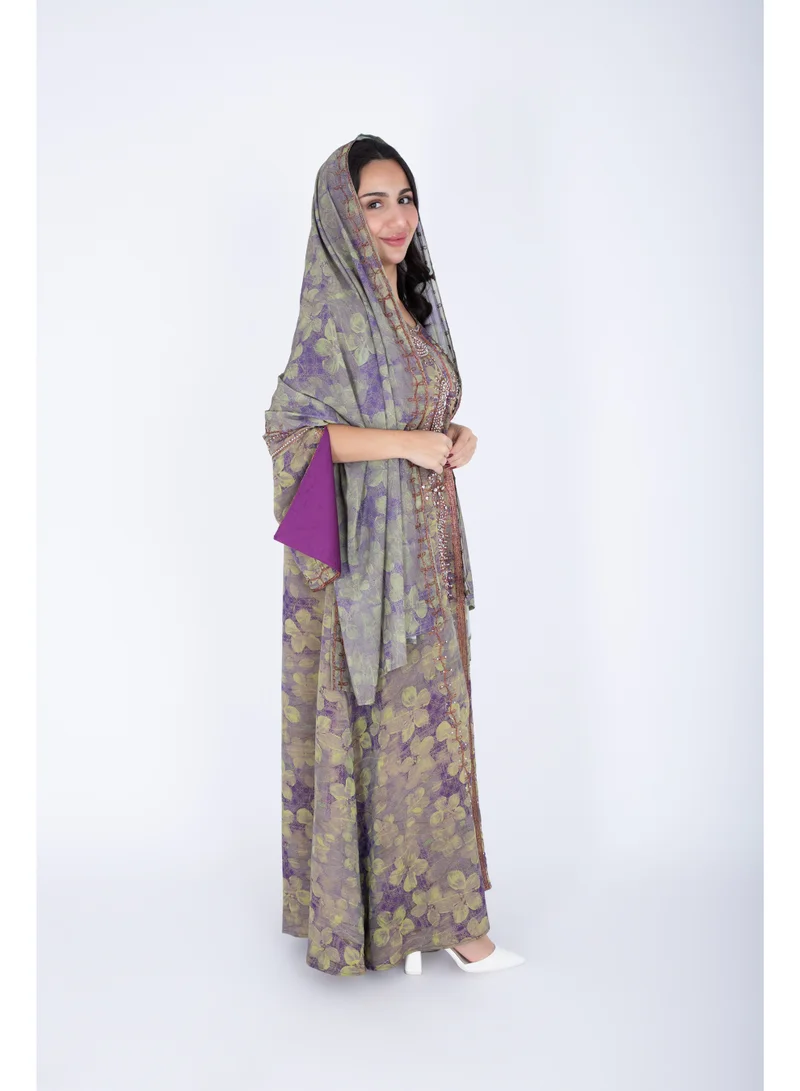 IKKXA Printed Jalabiya Crystal Patterns with Shawl IK1039 Green