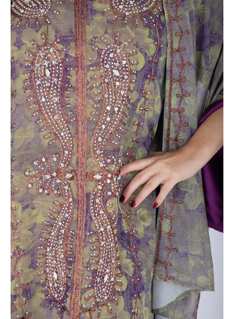 IKKXA Printed Jalabiya Crystal Patterns with Shawl IK1039 Green